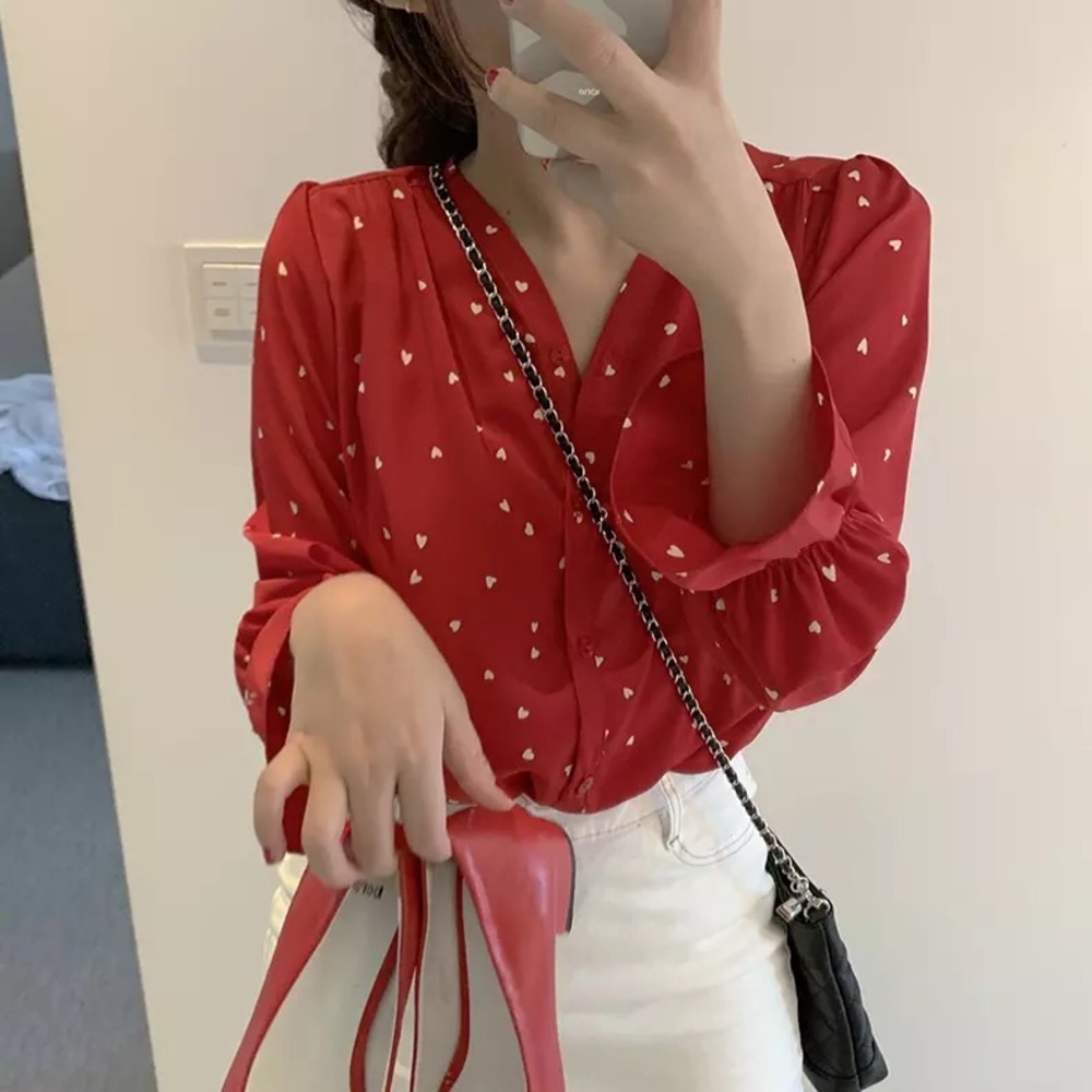 Heart blouse red bell sleeve button chic womens